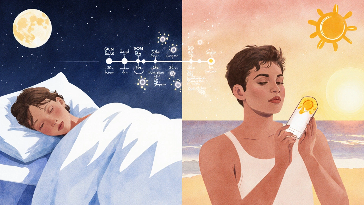 Split image of peaceful sleep and morning sunscreen application, symbolizing skin renewal over time.
