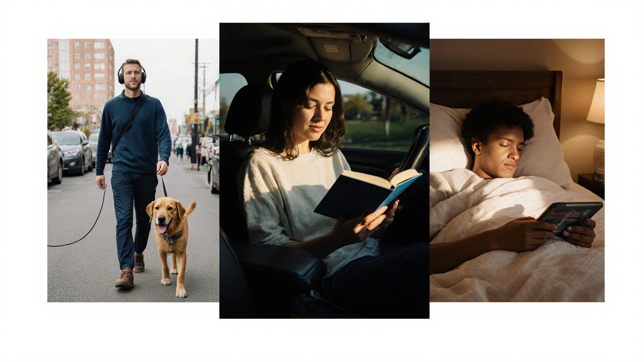 Three people reading in daily life: walking, in a car, and in bed.