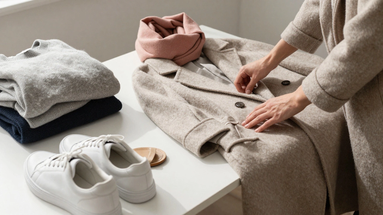 Close-up of hands smoothing a high-quality wool coat beside discarded old sweaters and worn shoes on a minimalist dressing table.