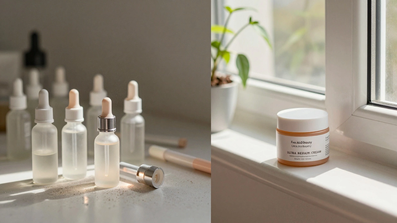 Cluttered vanity with unused beauty products vs. single moisturizer by a sunny window.