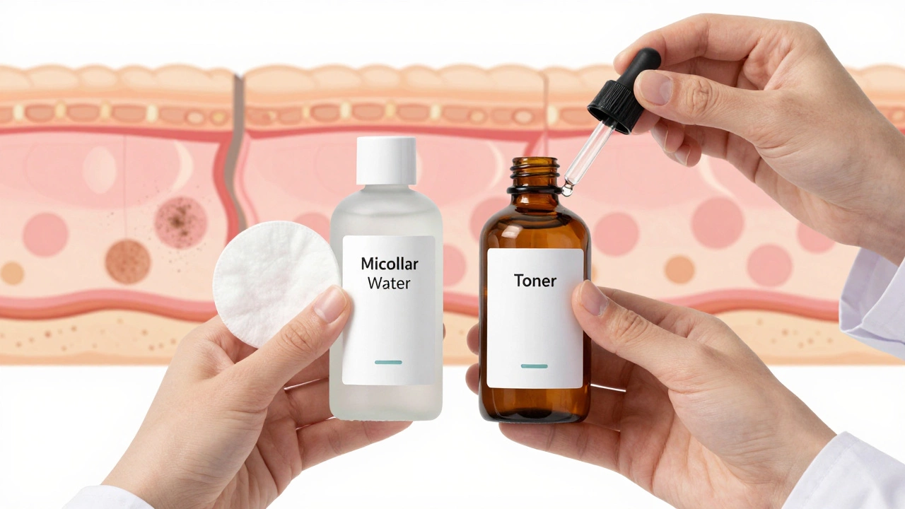 Dermatologist's hands holding micellar water and toner bottles with skin cross-section behind.