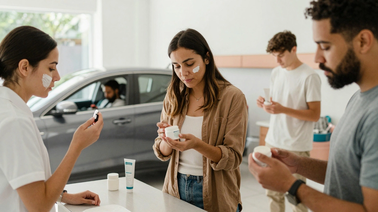 Diverse adults applying moisturizer in daily settings: kitchen, car, and break room.