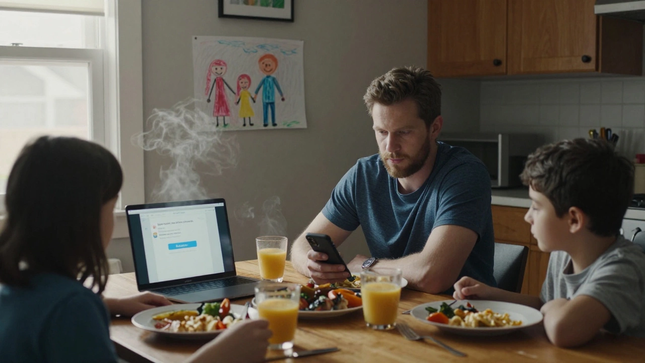 Family at dinner, father distracted by phone, untouched meals, child's drawing on wall.