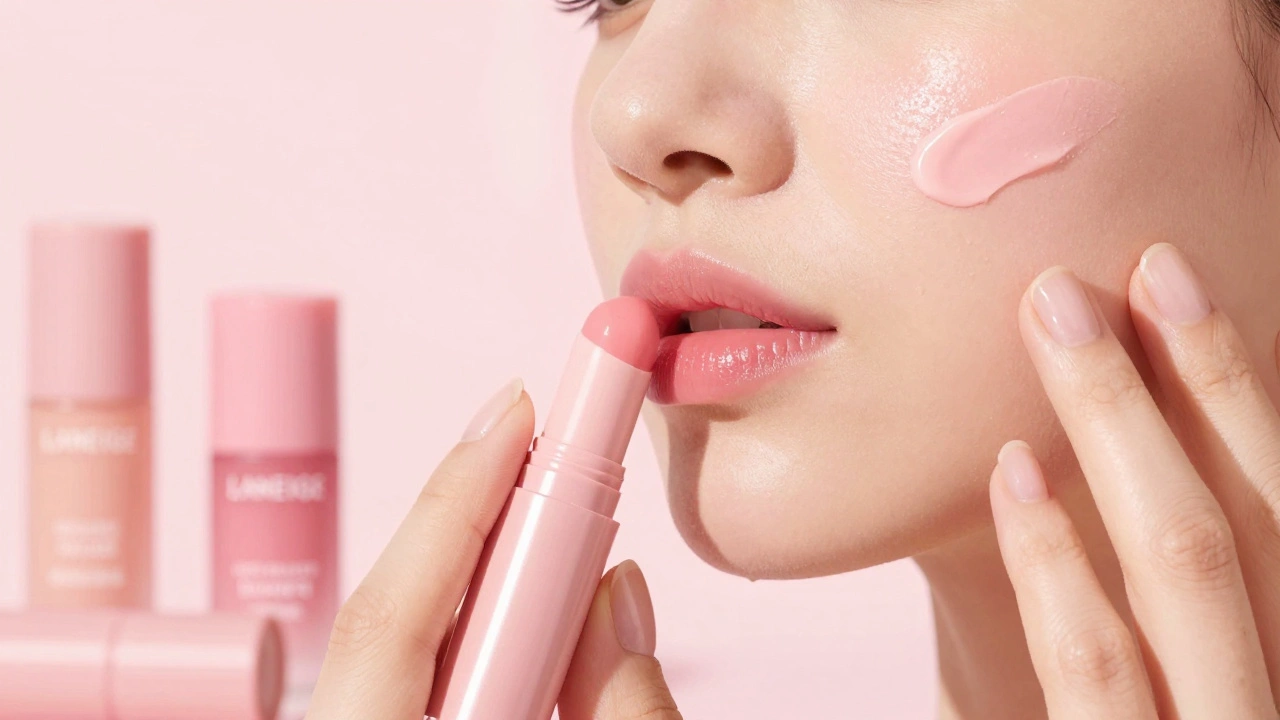 Hand applying cream blush to cheeks and lips using the same product