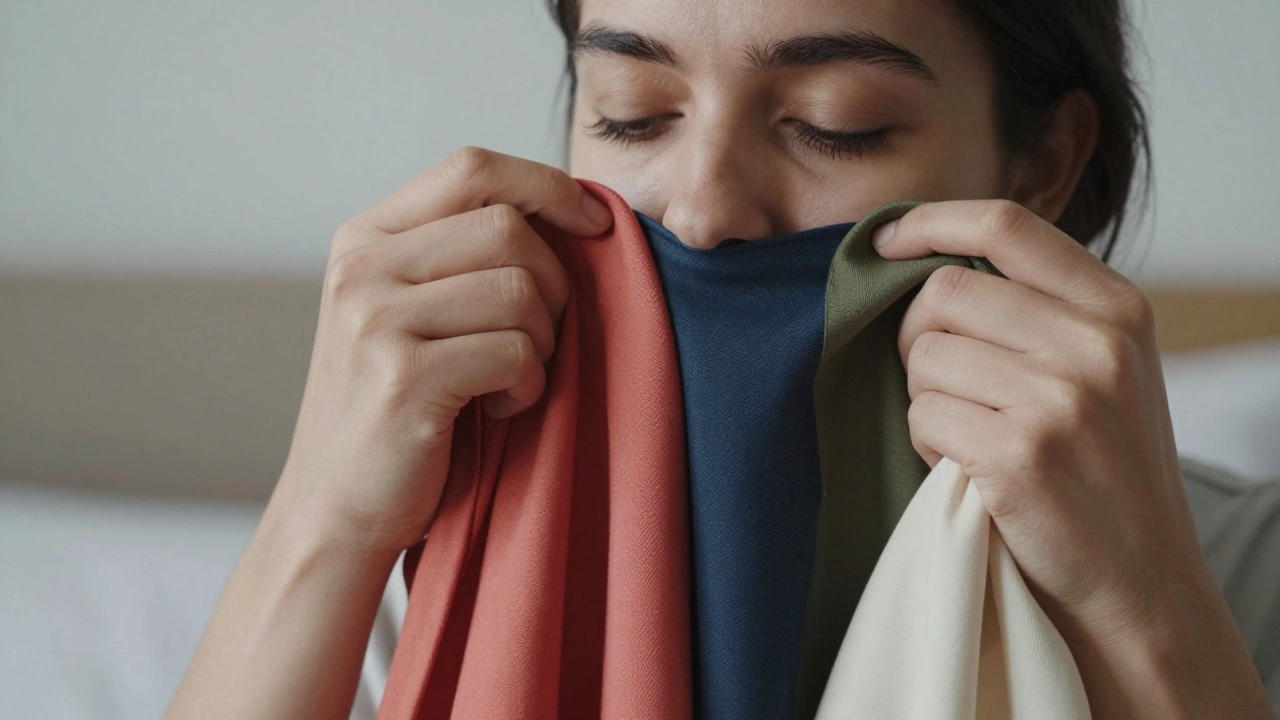 Hands holding colorful fabrics near a face to test which tones enhance skin tone in natural light.