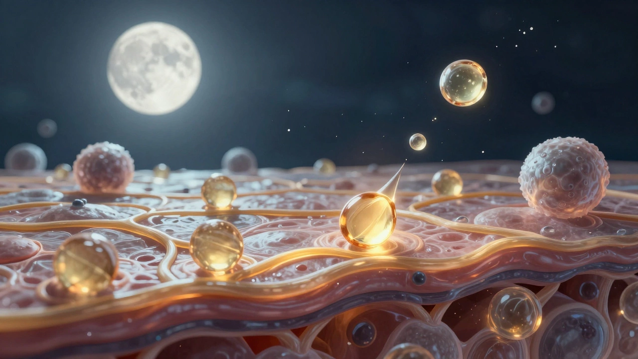 Microscopic view of skin cells glowing with collagen and hydrating molecules under moonlight.