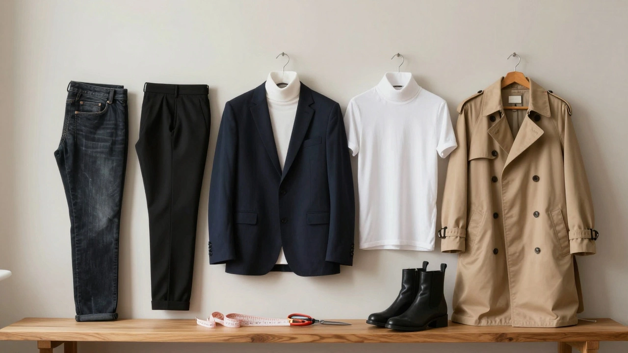 Minimalist capsule wardrobe on wooden shelf with essential clothing items