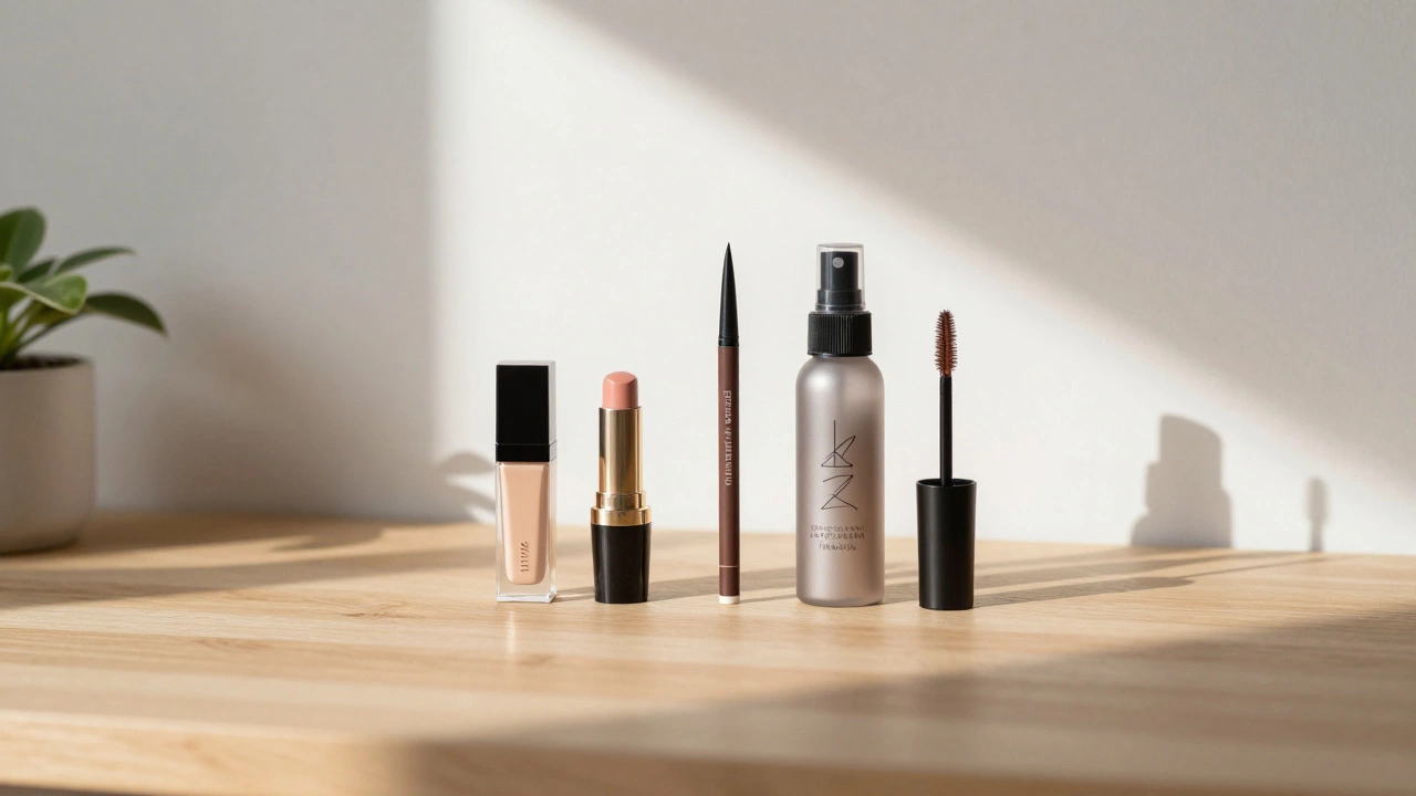 Minimalist makeup vanity with five essential products and natural light