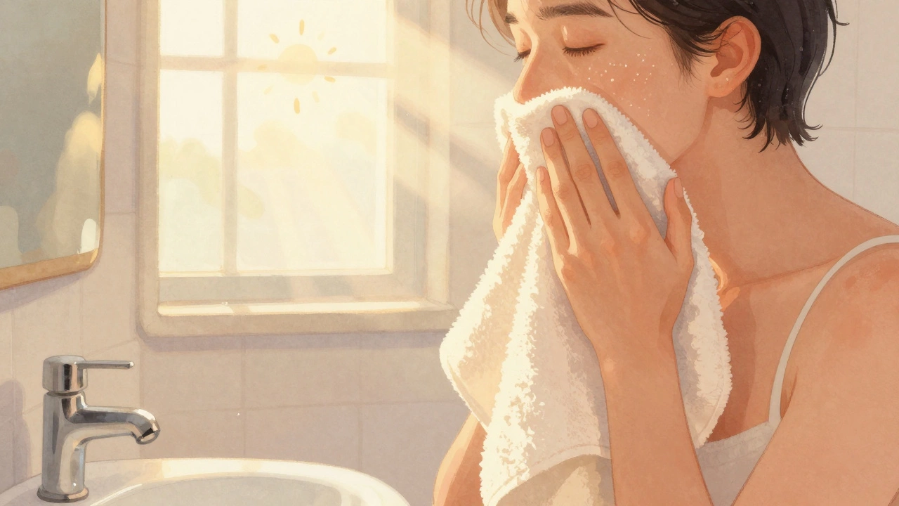 Person gently patting face dry after washing, sunlight streaming through a window.