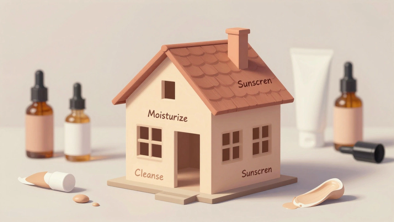 Skincare routine as a house being built with three layers: cleanse, moisturize, protect.