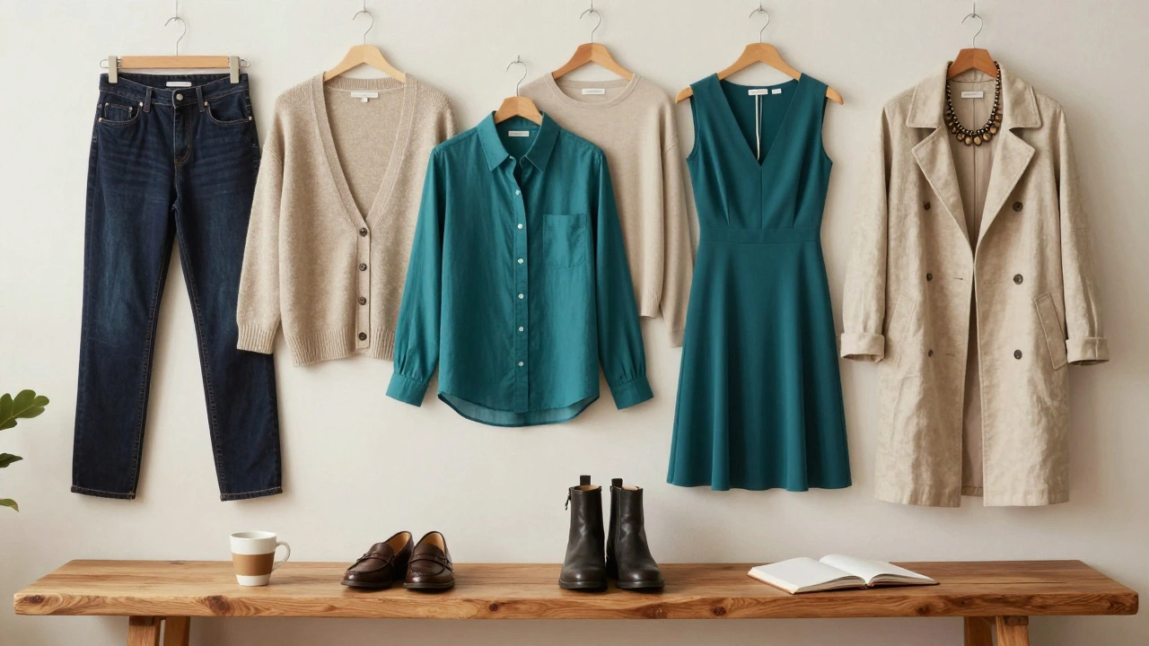 Ten essential wardrobe pieces arranged neatly on a wooden bench, including jeans, tops, shoes, and a necklace.