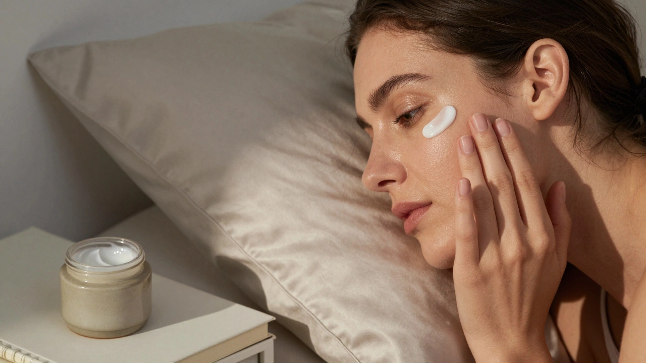 Woman gently applying eye cream at night, with moisturizer and silk pillowcase nearby.