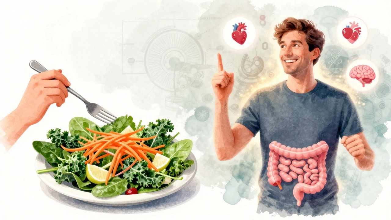 A person enjoying a leafy green salad, with a glowing health transformation behind them.