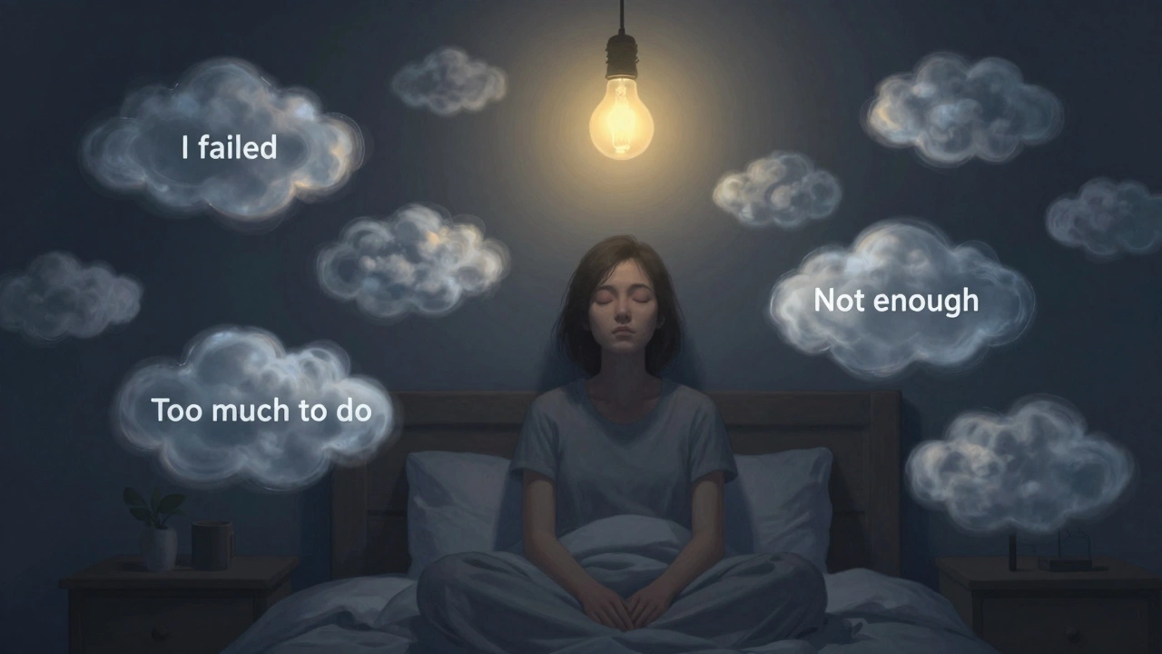 A person sitting peacefully as thought-clouds drift by in a darkened bedroom at night.