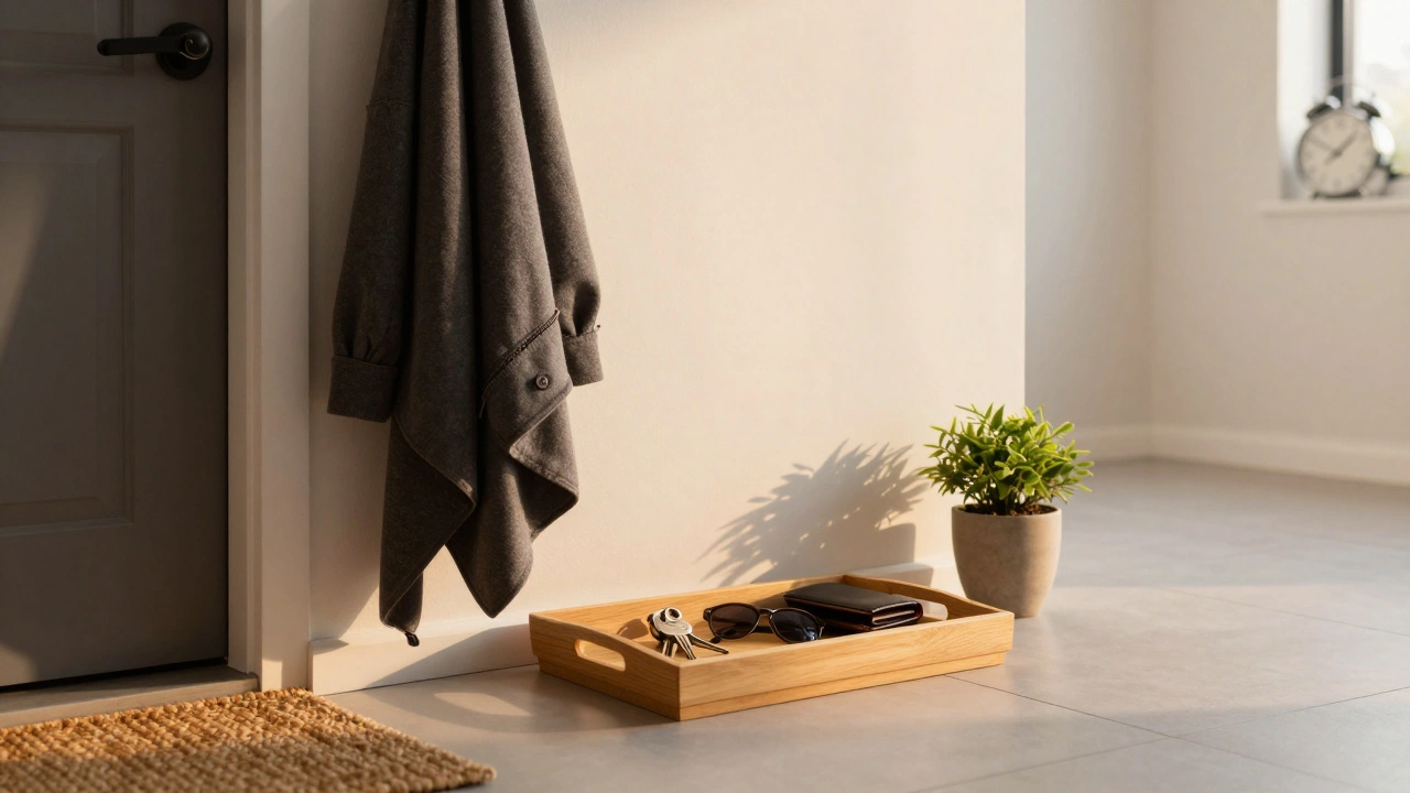 A tidy entryway with keys, wallet, and sunglasses on a wooden tray by the door.