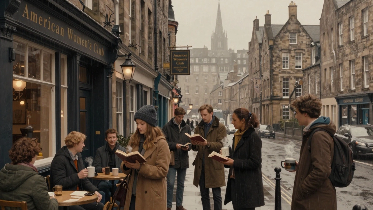 Americans gathering at a café on Edinburgh’s Royal Mile under misty skies.