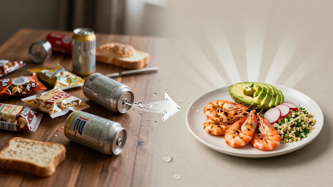 Before-and-after food contrast: processed snacks vs. clean anti-bloating meal with water elements.