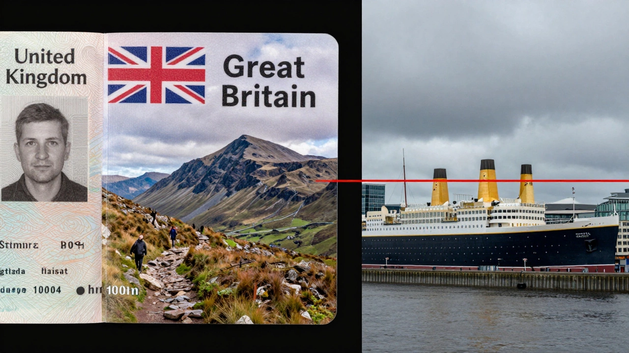 British passport with 'United Kingdom' beside a travel brochure of Great Britain and a Belfast cityscape.