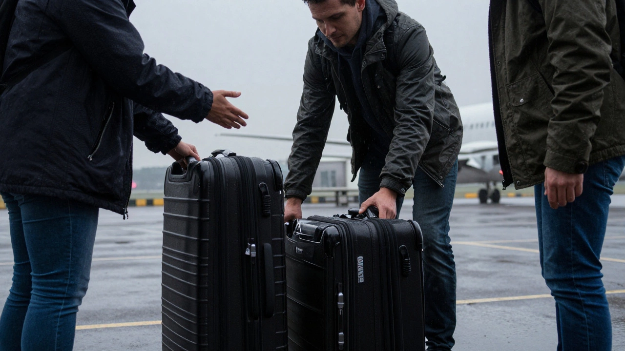 Driver helping passenger load luggage at airport in early morning rain, both smiling with gratitude.