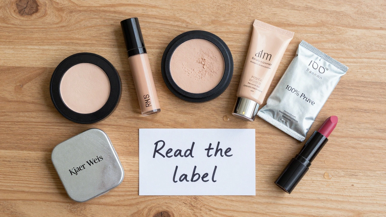 Five clean makeup brands on wooden vanity with recycled packaging.