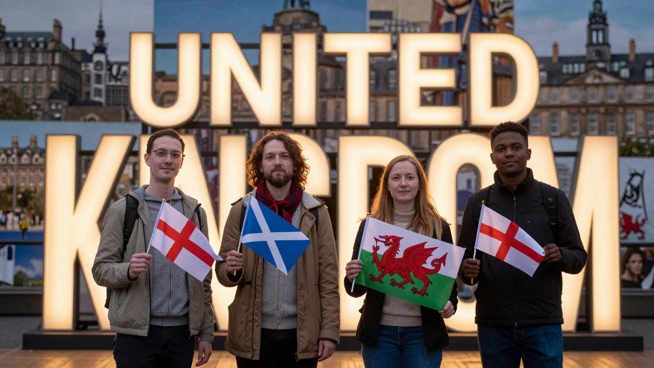 Four people from England, Scotland, Wales, and Northern Ireland standing together under a United Kingdom sign.