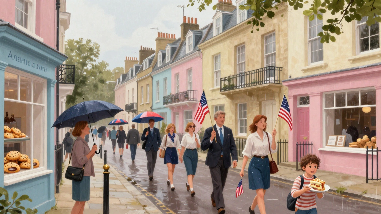 Fourth of July parade in Bath’s Royal Crescent with expats and locals celebrating.