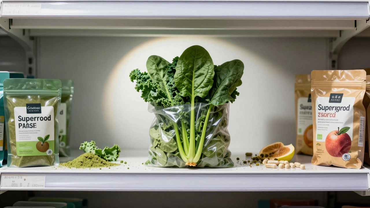 Fresh spinach and kale on a grocery shelf, with expensive supplements fading into the background.