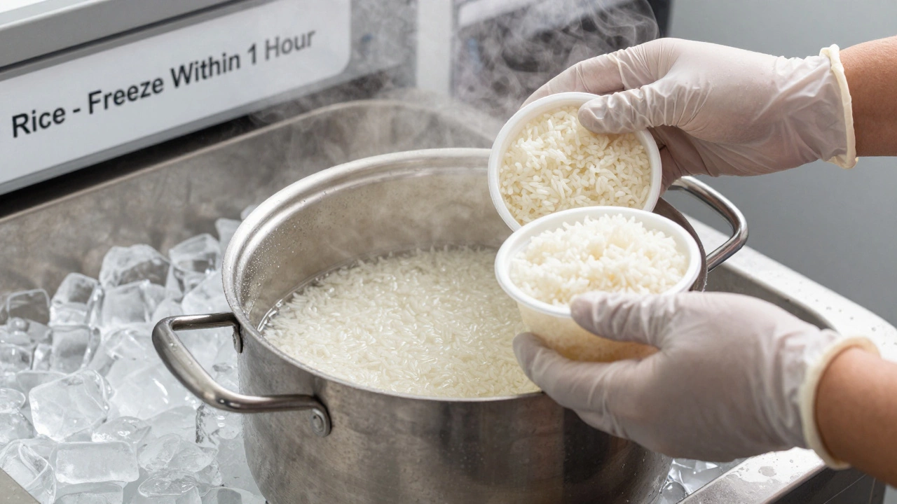 Hands portioning hot rice into small containers with an ice bath nearby for safe cooling.