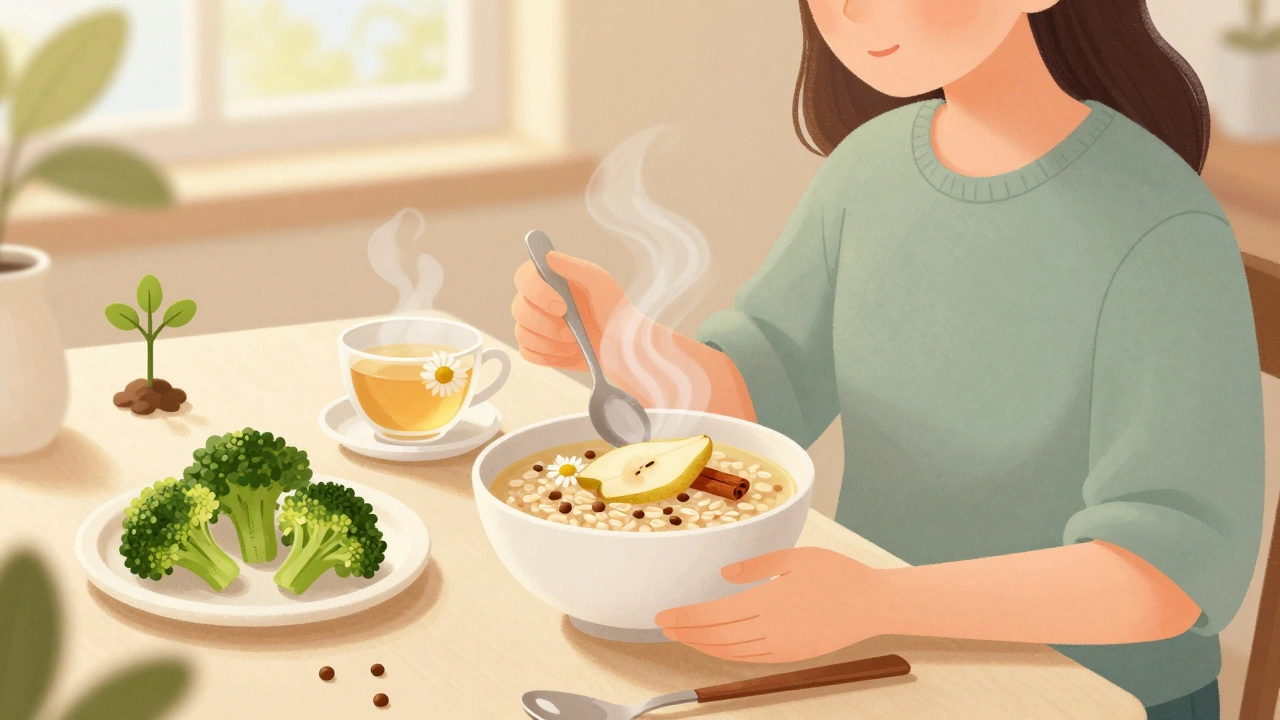 Person eating oatmeal and lentil soup with chamomile tea, steam rising gently in soft light.