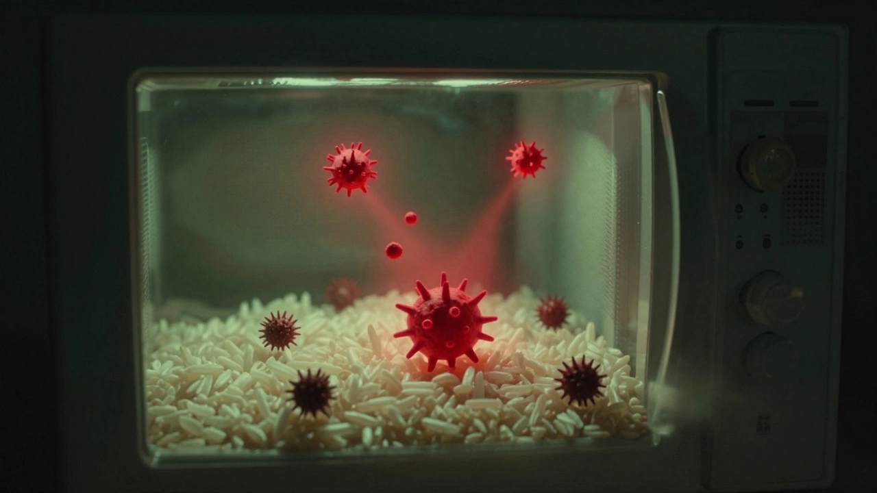 Silhouetted spores spreading toxins inside rice grains, with a microwave in the background.