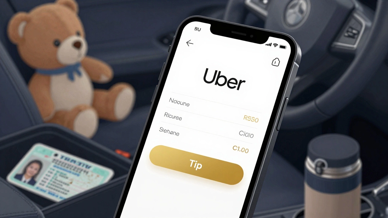 Smartphone screen showing Uber tip option with child’s toy and coffee thermos visible in background inside car.