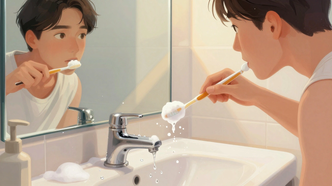 Someone brushing their teeth mindfully, noticing water and foam in a quiet bathroom.