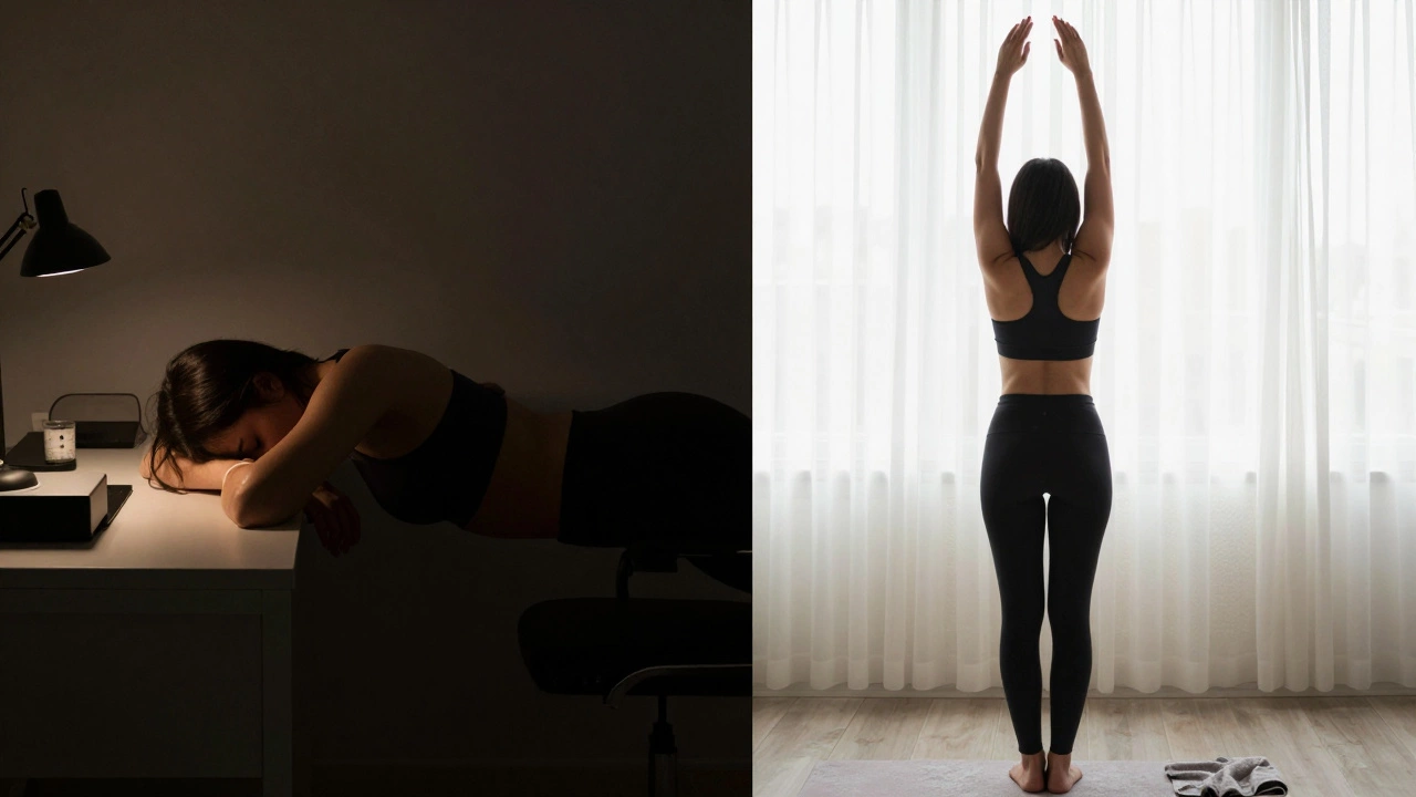 Split image showing improved posture after morning dead bug exercise.