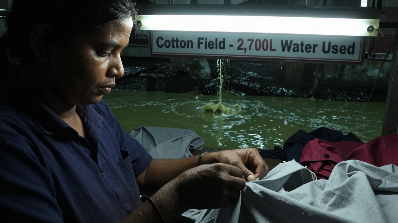 A garment worker in a polluted factory, stitching clothes under harsh light near toxic runoff.