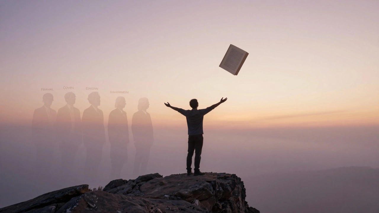A lone figure at sunrise on a cliff, with translucent figures of self-development thinkers fading into the horizon.