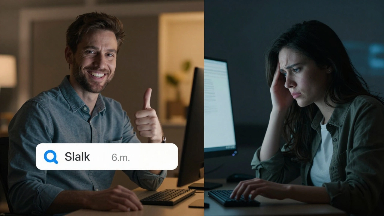 A manager's thumbs-up on a late-night Slack message contrasted with an employee hesitating to log off.
