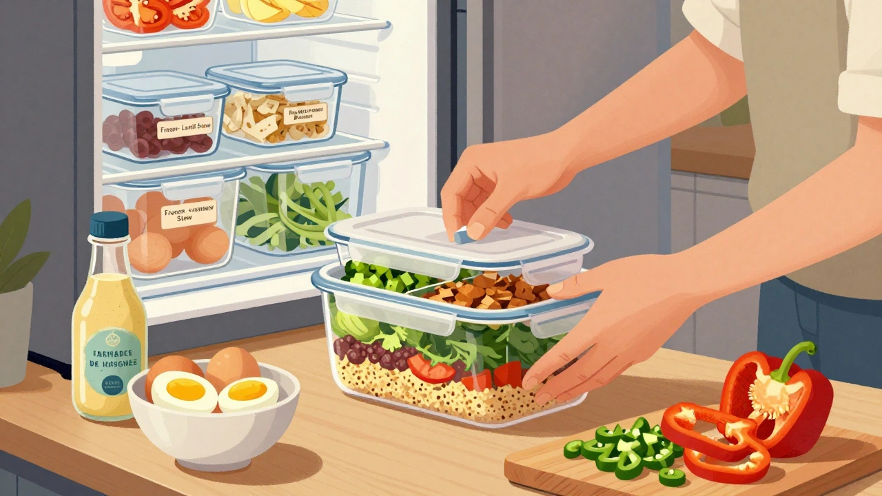 A person assembling a meal in a divided container with fresh ingredients and labeled fridge containers in the background.