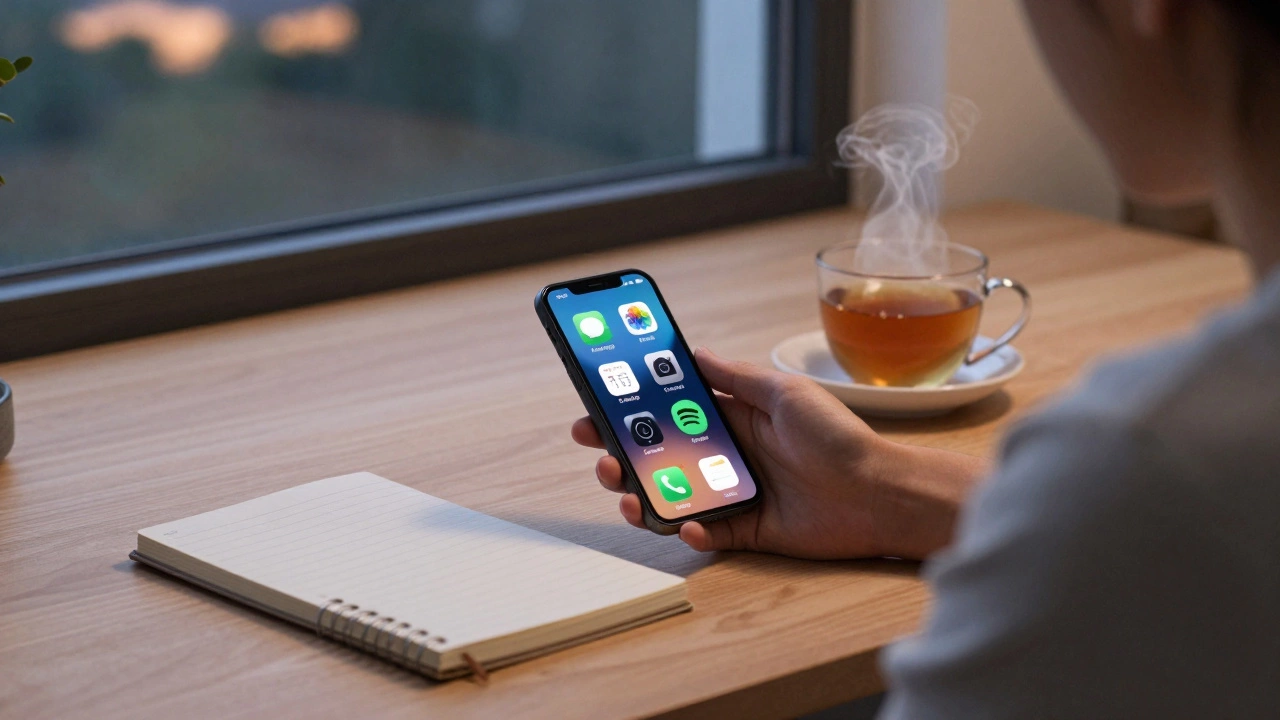 A person at a minimalist desk with only six apps visible on their phone, enjoying a quiet evening.