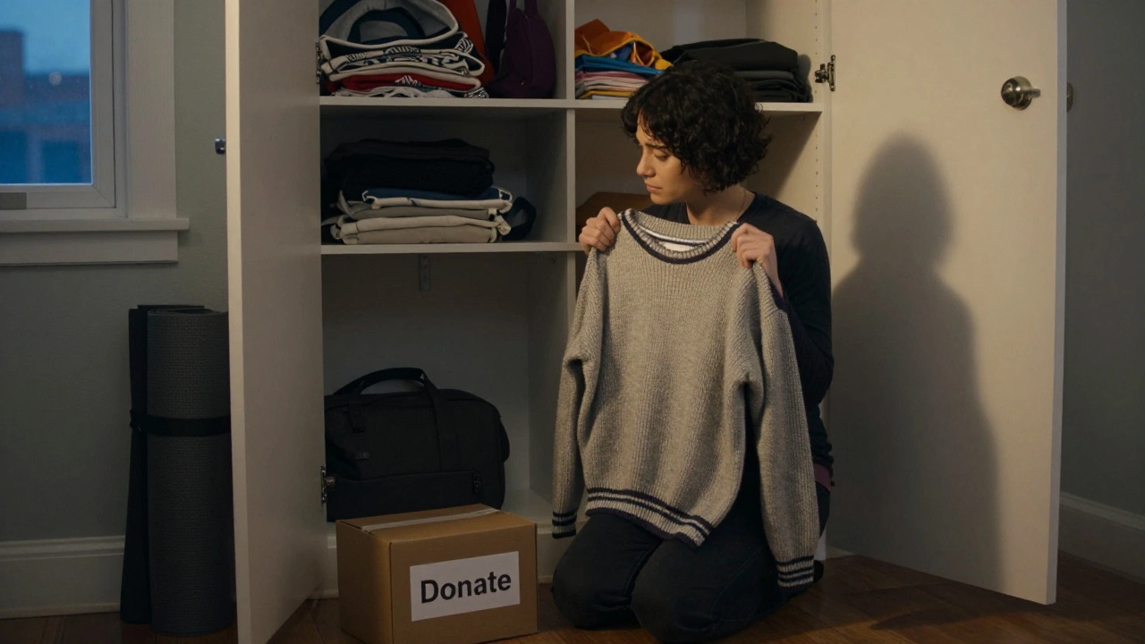 A person deciding what to keep or let go of, holding an old sweater near a donate box.