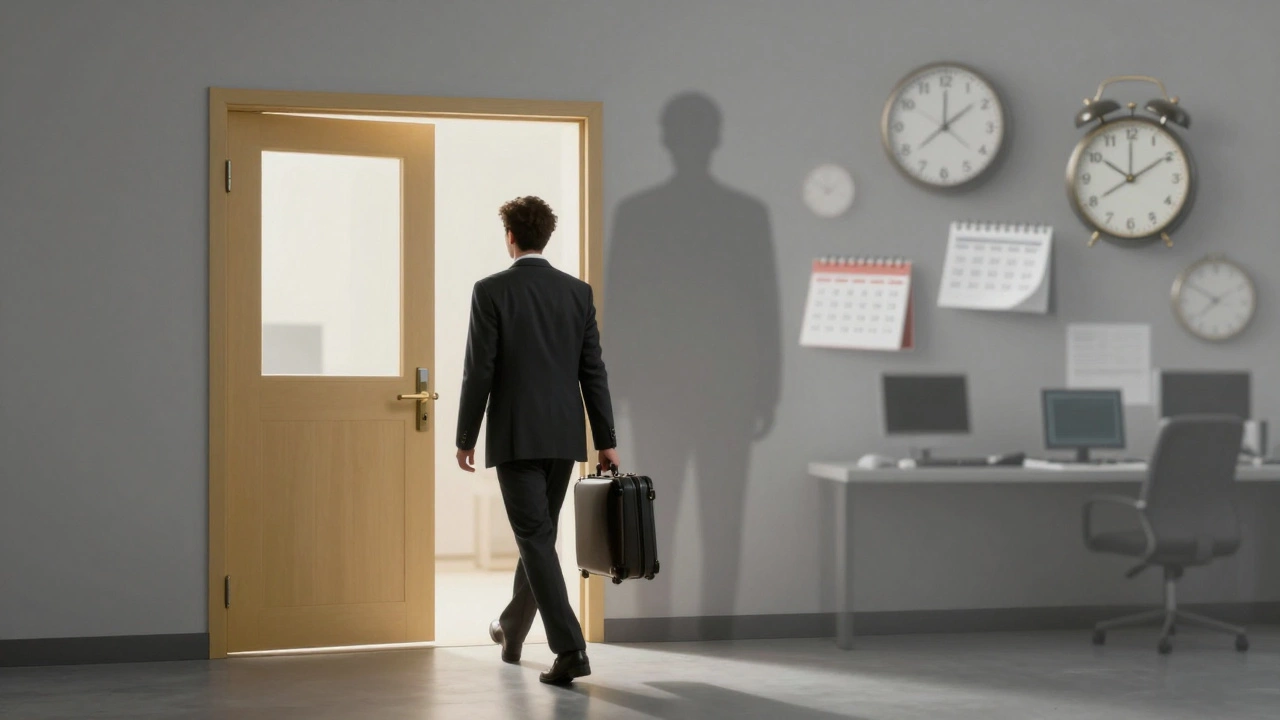 A person leaving their home office as a shadowy corporate figure looms behind, symbolizing systemic overwork pressure.