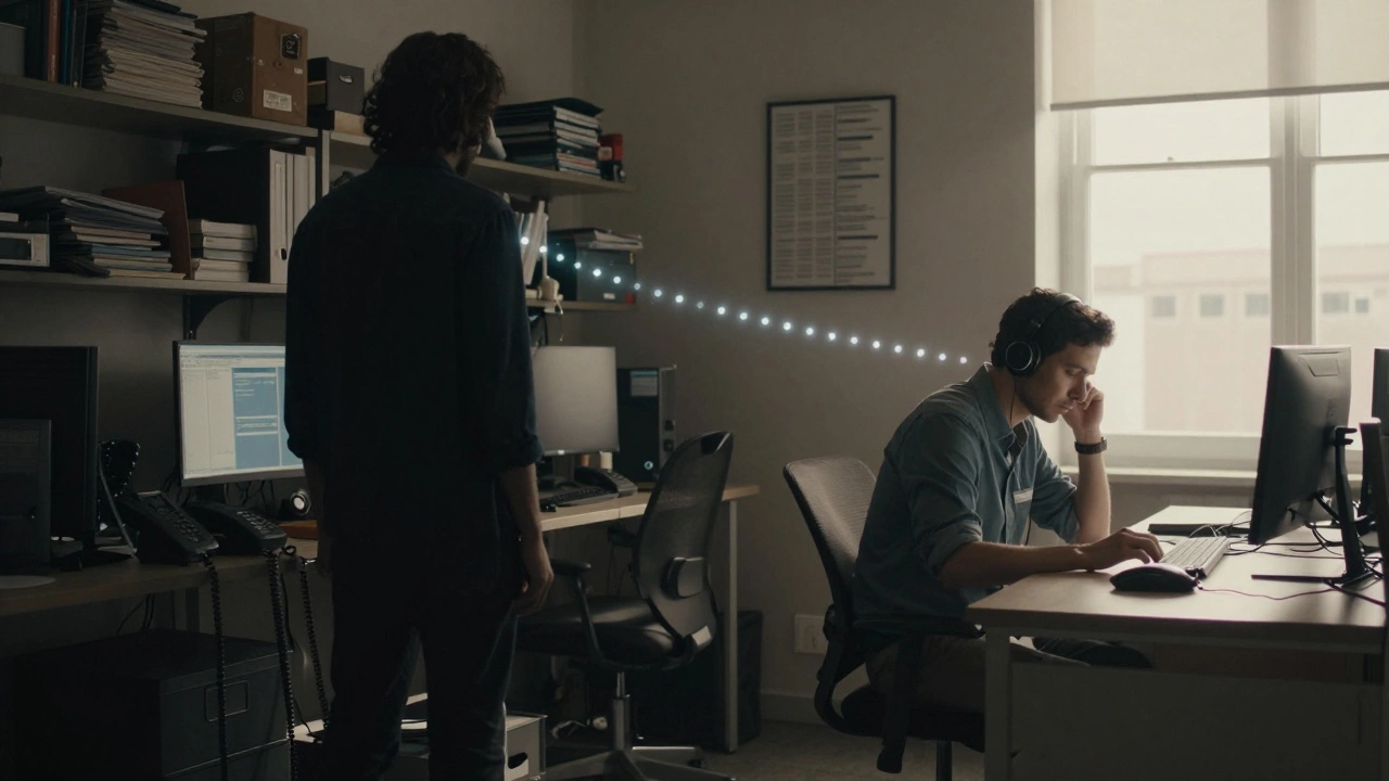 A person transitioning from a chaotic office to a focused, sunlit workspace, symbolizing deep work.