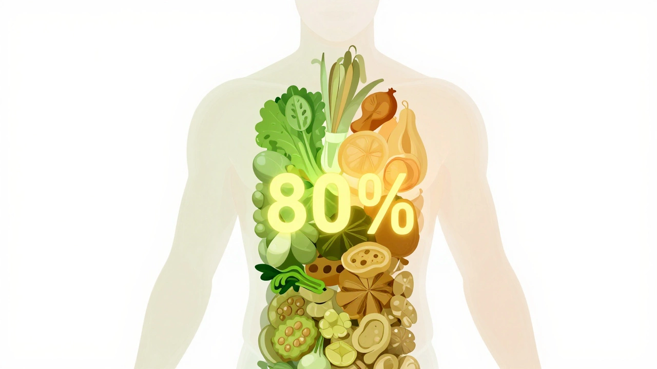 A transparent human torso with 80% glowing in healthy food colors and 20% in soft tones, visually representing the 80/20 nutrition principle.
