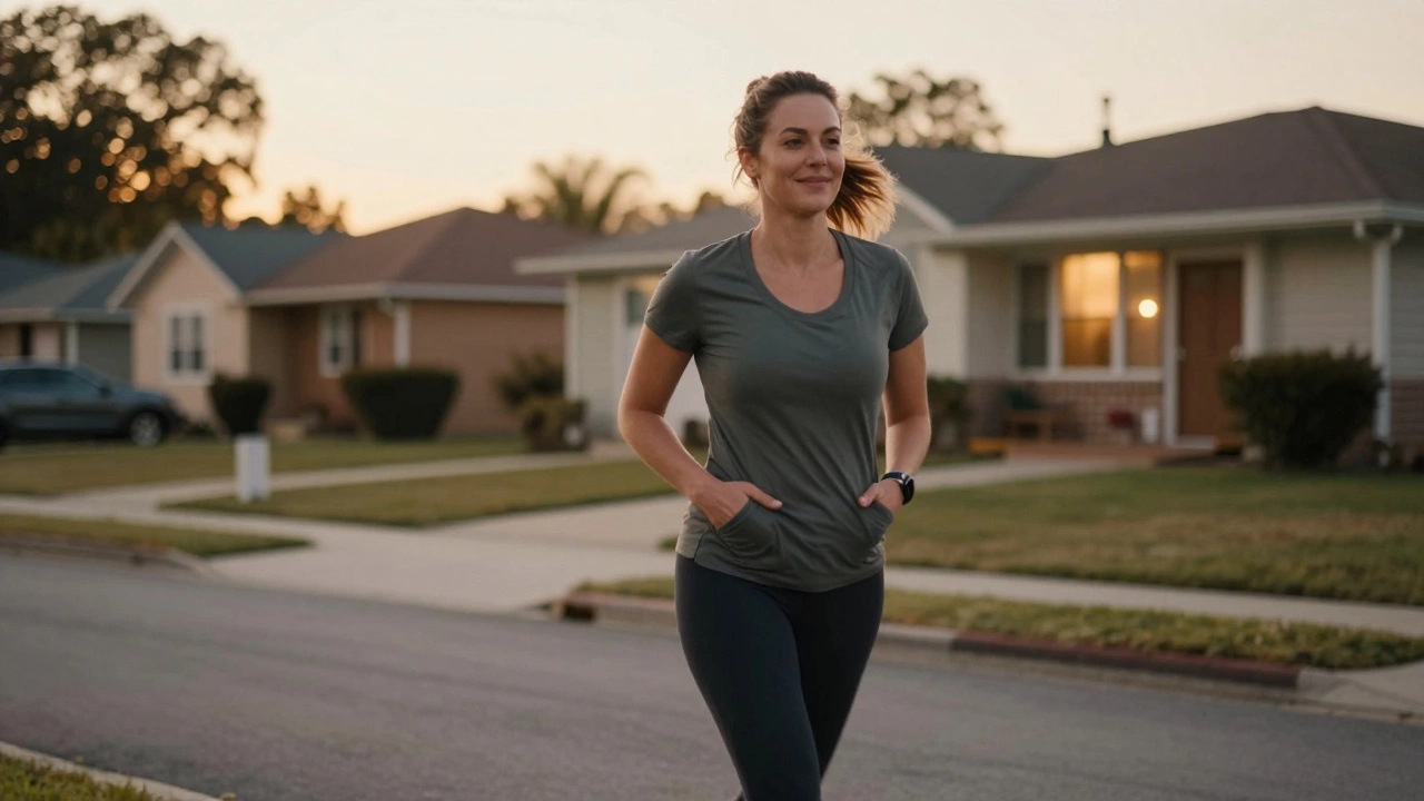 A woman walking peacefully in the evening, embodying simple, consistent movement as part of sustainable weight loss.