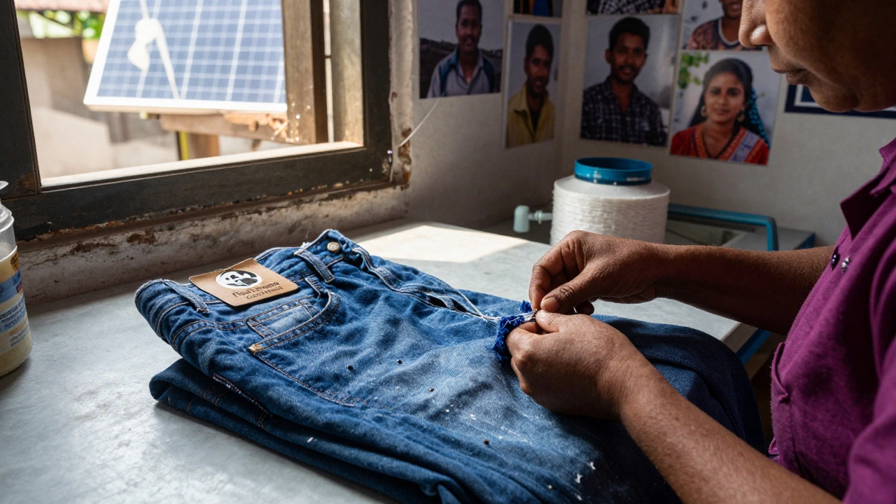 An artisan sewing jeans in a sunlit workshop with Fair Trade certification and solar panels.