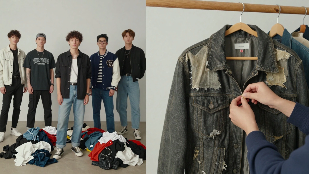 Contrast between fast fashion consumption and sustainable repair of a single garment.