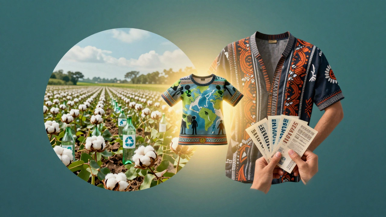 Floating clothing items forming a Venn diagram of environmental and human rights symbols.