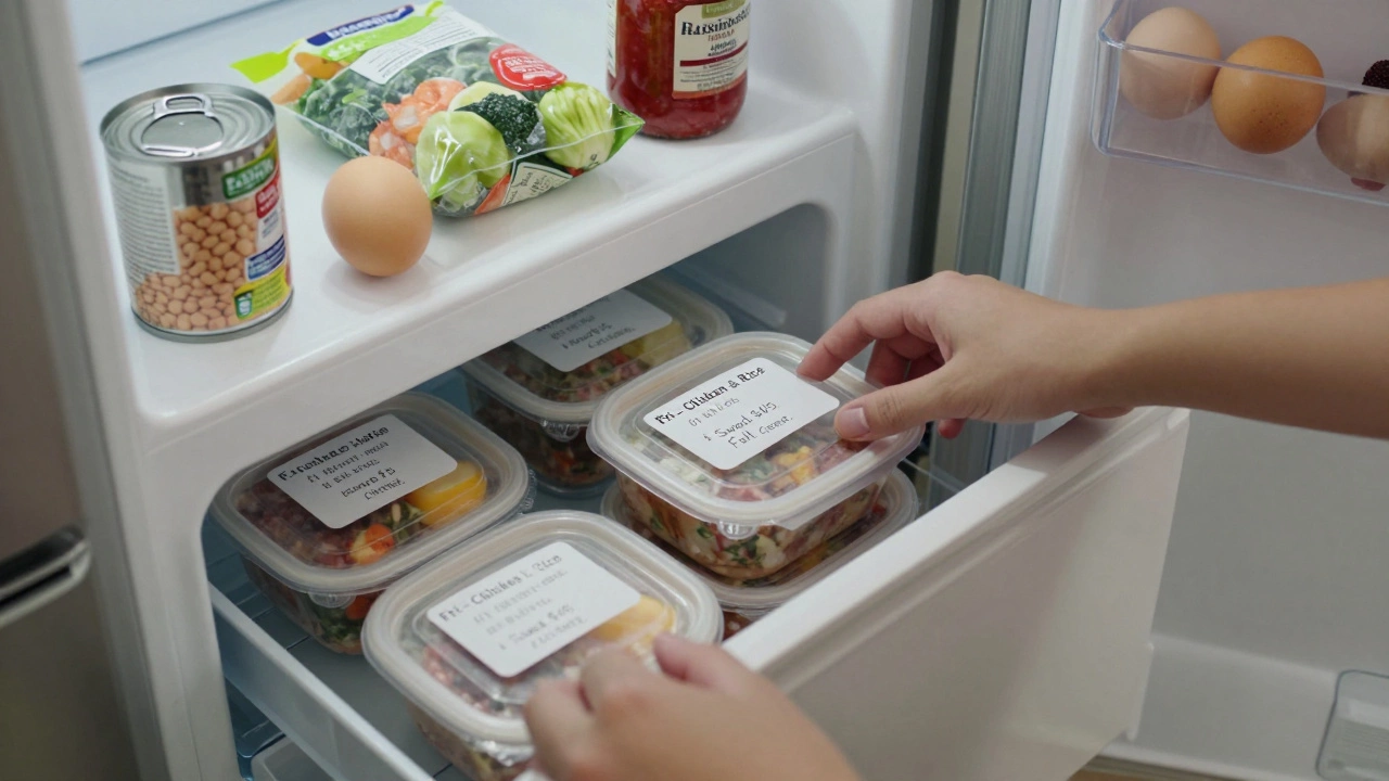Frozen meal portions in a freezer with pantry staples like beans, frozen veggies, and eggs visible on the counter.