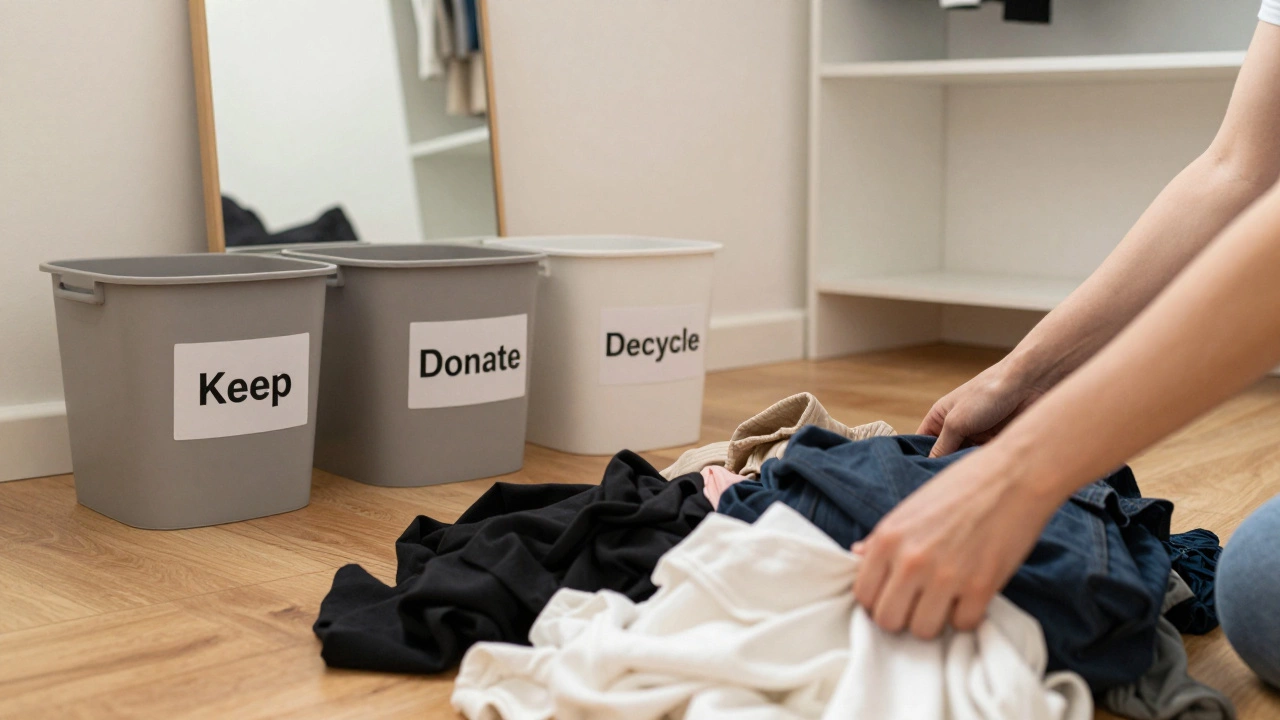 Hands sorting clothes into three bins on a wooden floor, with a clean closet visible in the mirror.