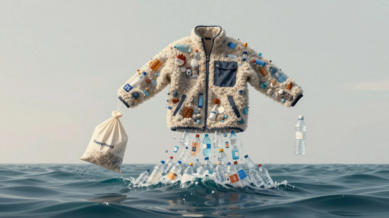 Recycled polyester jacket transforming from plastic bottles rising from the ocean, with a washing bag catching microplastics.