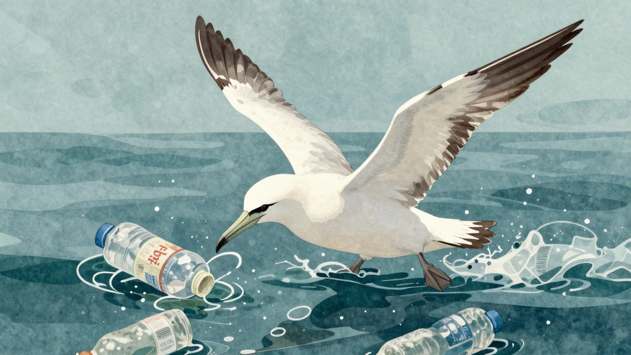 Seabird surrounded by plastic bottle fragments in ocean